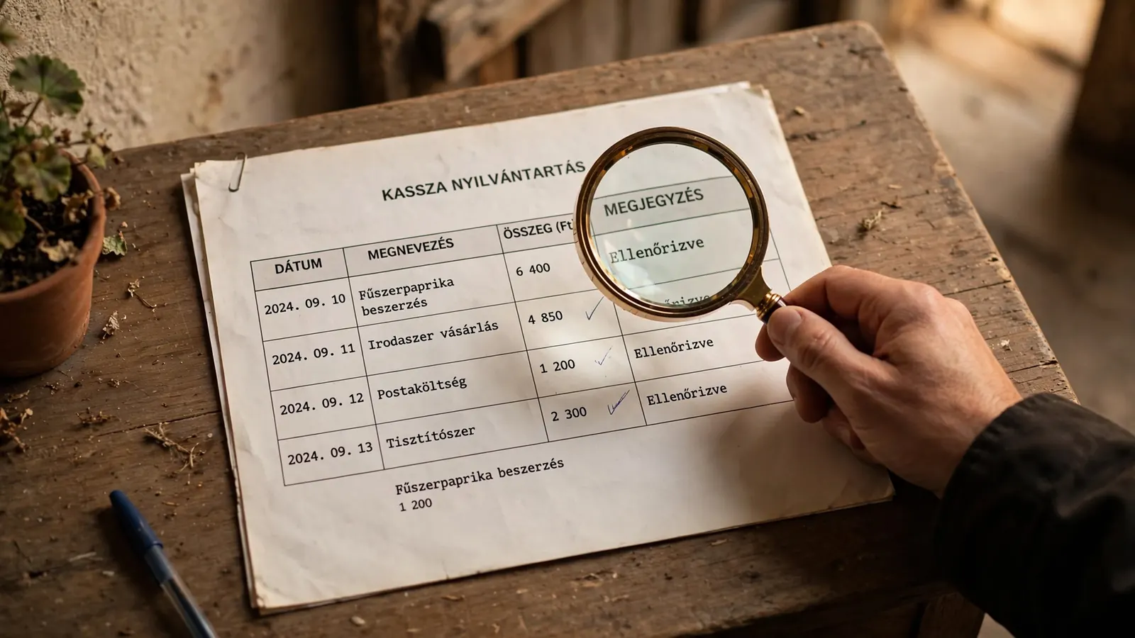 Nagyító egy nyomtatott hivatalos nyilvántartás fölött